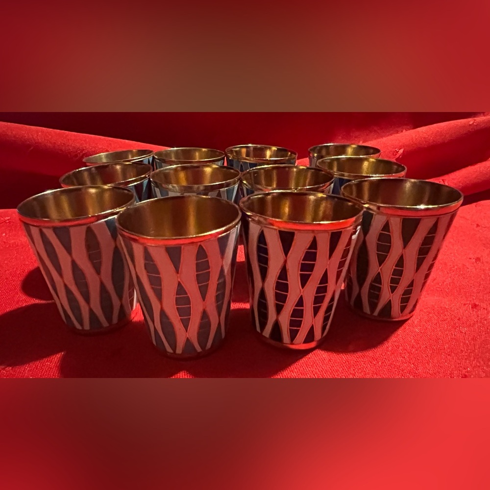 Vintage Russian cloisonné vodka shot glasses, enamel, silver